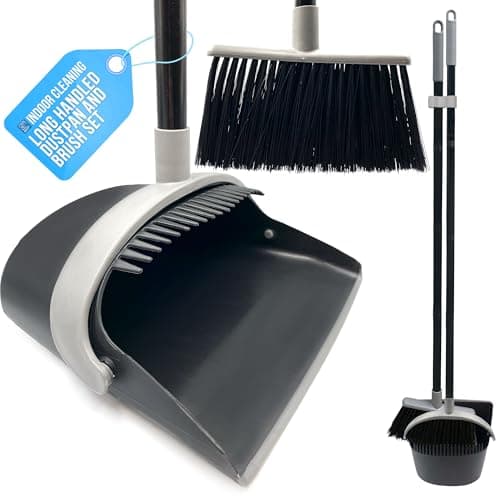 Image of Long Handled Dustpan and Brush Set with Built-In Teeth Comb - Indoor Broom and Dustpan Set for Sweeping Brush Indoor 180° Swivel Dust Pan (Black and Grey)