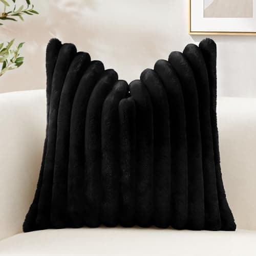Image of Sungeek Set of 1 Black Faux Rabbit Fur Cushion Cover 55x55 cm, Soft Cozy Plush Striped Decorative Throw Pillow Covers 22x22 Inch Velvet Square Pillowcases for Sofa Bedroom