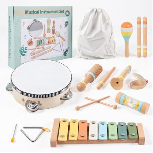 Image of Maraiss Wooden Musical Instruments Set for Toddlers 10 Piece Montessori Percussion Toys with Xylophone, Drum & Maracas, Natural Sensory Kids Musical Instruments Educational Gift Toys for 1+ Year Old