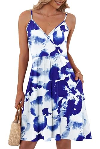 Image of AUSELILY Ladies Summer Dress V Neck Spaghetti Strap Dress Casual with Pockets Blue White Flowers L