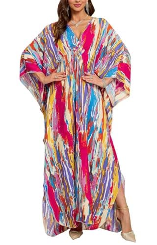 Image of Orshoy Womens Free Size Swimwear Cover Ups Summer Beach Bikini Kaftan Maxi Kimono Tunic Swimsuit Wrap Dress Robes Colorful Tie Dye