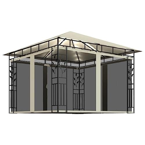 Image of vidaXL Cream Garden Gazebo with Mosquito Net and LED Lights - 3x3x2.73m, Powder-Coated Steel Frame, Easy Assembly, Solar-Powered String Lights, Insect Protection