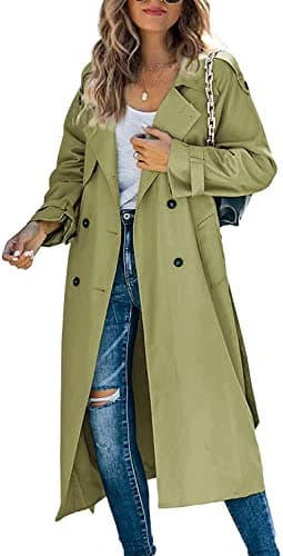 Image of Women Casual Long Trench Windproof Coat with Belt Solid Colour Double-Breasted Lapel Collar Windbreaker Jacket Spring Autumn Coat S-2XL (Army Green, M)
