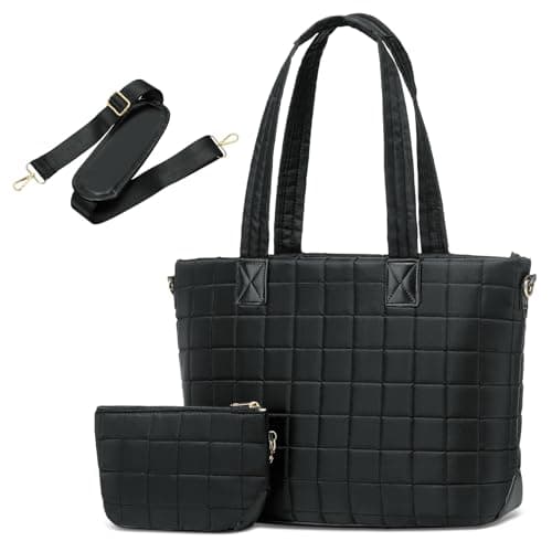 Image of SUIKIHUM Large Travel Tote Bag for Women, Quilted Puffy Tote Bag with Detachable Shoulder Strap, Fits 15" Laptop Work Bag W/Handbag Purse, Black