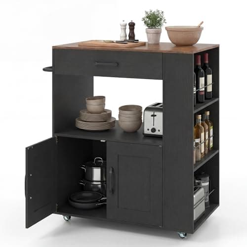 Image of COSTWAY Kitchen Storage Trolley, Rolling Serving Island Cart with Towel Bar, 3 Spice Racks, Drawer, Open Shelf, 2-Door Cabinet & Lockable Wheels, Utility Organiser Cabinet (Black)