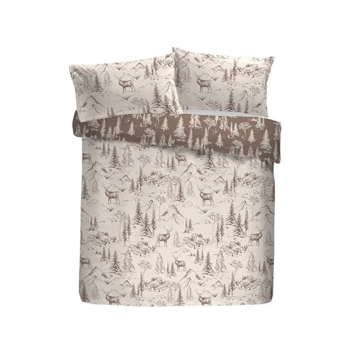 Image of Dreams & Drapes Lodge Alpine Stag Brushed Cotton Duvet Cover Set, King Size 230x220cm, Natural, 100% Cotton, Winter Lodge Print, Orange