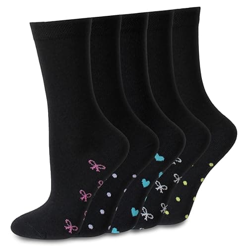 Image of Socksmad 5-Pair Women's Black Socks Multipack Size 4-7, Crew Style with Fun Heart & Bow Pattern, Soft, Breathable Cotton for All-Day Comfort, Perfect for Work, Casual Wear & Gifting, Styled in England