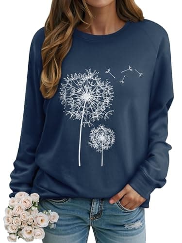 Image of Dresswel Women Dandelion Print Sweatshirt Crew Neck Long Sleeve Tops Basic Jumper Tunic Blouse Shirts(Navy, XL)