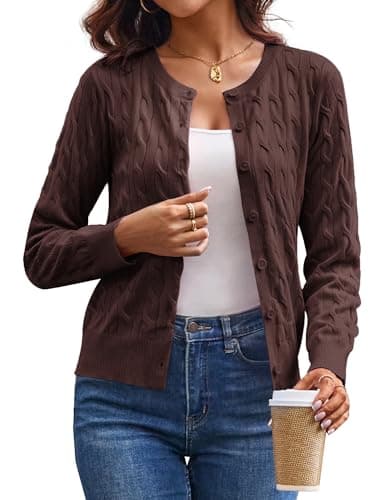 Image of GRACE KARIN Womens Long Sleeve Button Up Cable Knit Cardigan Lightweight 2026 Crewneck Button Down Sweaters for Women, Dark Brown, Small