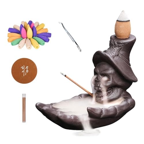Image of SKILBEAIA Skull Incense Burner Holder - Unique Purple Clay Backflow Waterfall Incense Burner with 15 Cones for Halloween, Aromatherapy, Home/Office Decor
