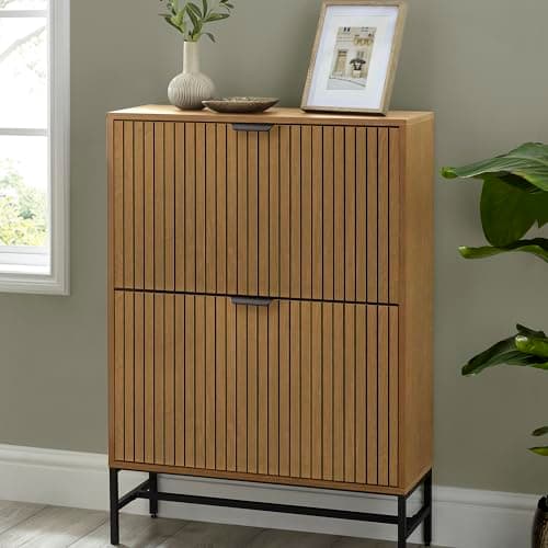 Image of Julian Bowen Sia Shoe Cabinet - Oak Effect Storage Sideboard with 2 Flip Drawers for 12 Pairs of Shoes, Slim Wooden Shoe Organiser for Hallway and Entrance - 101 x 72 x 25cm