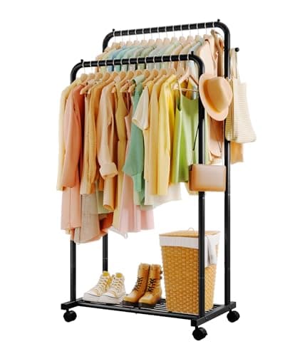Image of Sakugi Clothes Rail - Double-Rod Rustproof Clothes Rack with Anti-Slip Stoppers, Shoes Shelf and Hooks, Multifunctional Hanging Rack for Laundry, Entryway, Bedroom, Shop, 73 x 42 x 150 cm, Black