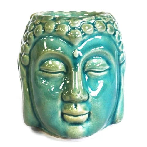Image of Buddha head oil burner, ceramic, blue, green