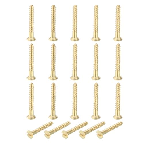 Image of sourcing map 20 Pcs Brass Screws, M2 x 16mm Solid Slotted Drive Flat Head Self-Tapping Wood Screw Fasteners for Woodworking Furniture Repair Photo Frame Drywall Home Appliances, Gold