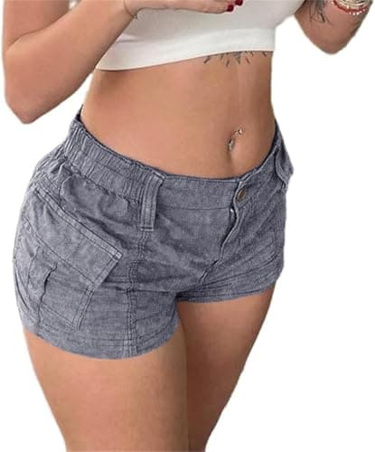 Image of IWOLLENCE Cargo Shorts Women Cotton Hot Pants Y2K Low Rise Denim Ladies Mini Jorts Summer Jeans Short with 2 Pockets and Elastic Waistband (Denim Blue, S)