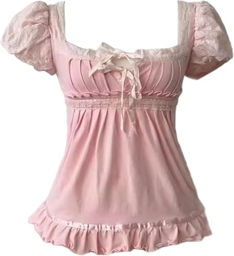 Image of Coquette Ruffle Tops Women Cute Summer Lace Peplum Babydoll Top Teen Girls Y2k Grunge 2000s Cottagecore Clothing(Pink Bow,Medium)