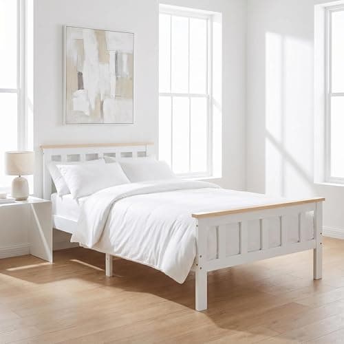 Image of Panana Single Bed Frame, Solid Wood Bed Frame Standard 3ft Single Size Wooden for Bedroom (White+Wood)