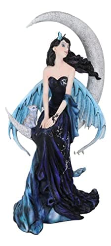 Image of Ebros Gift Large Indigo Moon Celestial Witching Hour Fairy with Kitten Cat Statue 11.75" Tall by Nene Thomas Fairy Goddess in Night Gown Figurine As Mythical Fantasy Home Decor Collectible