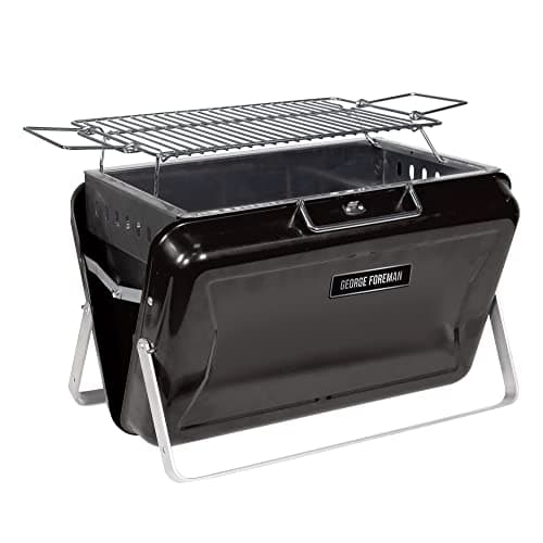 Image of George Foreman Portable Charcoal BBQ, On-The-Go Toolbox, Portable, Sturdy Foldable Legs, Convenient Handle, Lightweight, Camping, Black, Charcoal Barbecue, GFPTBBQ1005B
