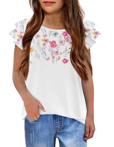 Image of Arshiner Girls T-Shirts Wavy Sleeves Kids Summer Cotton Short Sleeve Tops Casual Fashion Round Neck Tshirt for Girls 7-8 Years Flowers