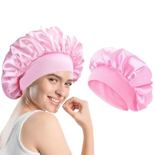 Image of 1 Pack Satin Bonnet, Night Sleep Caps with Wide Elastic Band, Silk Wrap, Soft Head Cover Sleeping Hat for Women and Girls Curly Hair (Pink)