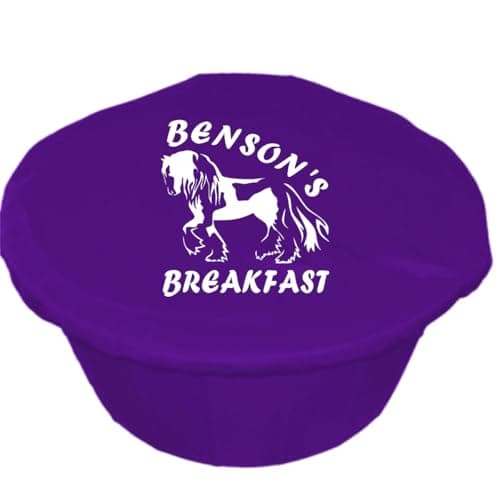 Image of Personalised Horse Design Feed Bucket Cover, Multiple Colours Available, Morning and Teatime Feed Design or Custom Text, Gypsy Cob (White Vinyl, Purple)