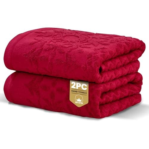 Image of Rapport Home 2-Pack Versailles Jacquard Hand Towels | 50x85cm 100% Cotton 500GSM | Absorbent & Soft Bathroom Towel Set | Oeko-Tex Certified Ruby