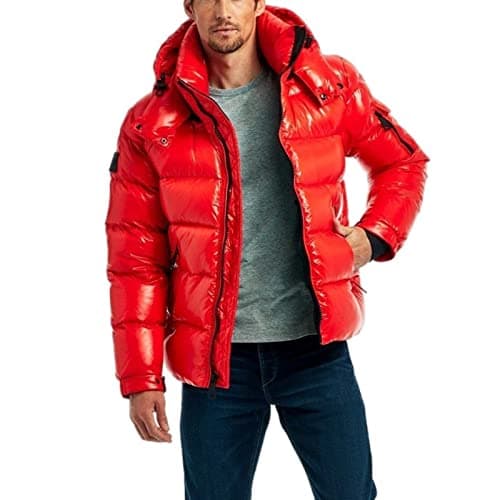 Image of sunongvt Shiny Down Jacket for Men,Winter Waterproof Hooded Full Zip Warm Puffer Jacket Windproof Stand Collar Casual Coat,Red,L