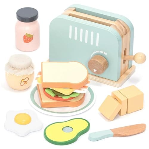Image of UMU® Wooden Toaster & Sandwich Set for Kids – 14-Piece Pretend Play Kitchen Toy with Real Pop-Up Toaster, Butter, Knife & Accessories – Wooden Kitchen Playset for Boys and Girls Ages 3–6