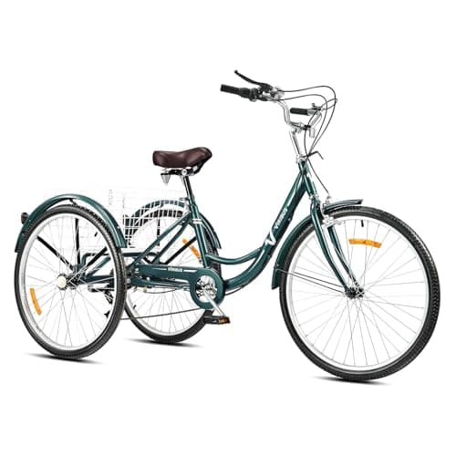 Image of VIRIBUS 26 Inch Adult Tricycle, 7 Speed Adult Trike 3 Wheel Cargo Bike with Basket & 205 kg Cap for Men Women Seniors, Adjustable Three Wheel Bike Cruiser Bicycle for Shopping Cycling Pedalling, Green