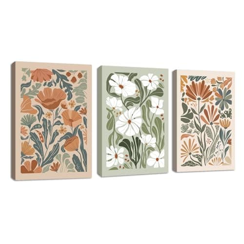 Image of Abstract Floral Framed Canvas Wall Art Boho Floral Botanical Print Set of 3 Green Beige Wildflower Flower Market Paintings Modern Minimalist Pictures Decor Bedroom Bathroom Living Room Office 12"x16"