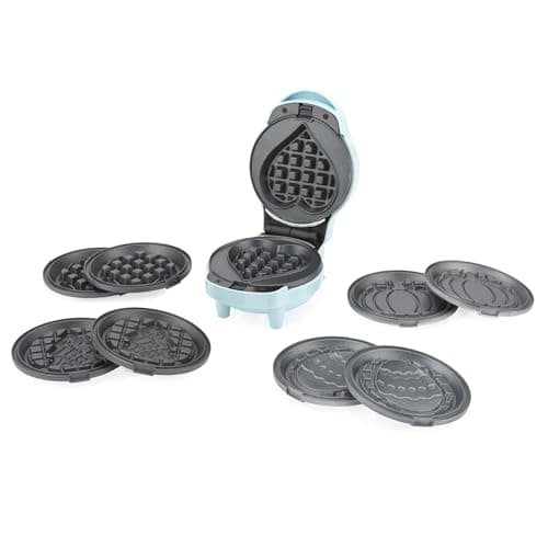 Image of Giles & Posner EK6220GSBL Mini Waffle Maker – 5-in-1 Non-Stick Removable Cooking Plates for Celebrations, Christmas, Valentines, Halloween, Easter Waffles, Cool Touch, Easy Clean, Snack Maker, Blue