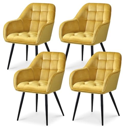 Image of ELUCHANG Kitchen Dining Chair Set of 4 with Arms, Backrest, Velvet Thick Padded Upholstered, Vanity Chair, for Dining Room, Living Room, Dressing Table, Lounge, Yellow