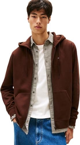 Image of Tommy Jeans Men's TJM Reg S Flag Zip Thru Dm0Dm20498 Sweatshirt, Brown (Rich Brown), S