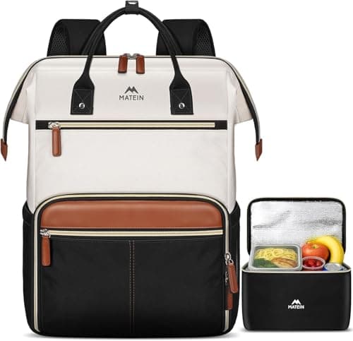 Image of MATEIN Laptop Backpack with Removable Lunch bag, 15.6 Inch Laptop Rucksack for Women, Water Resistant Work Bags for Women, Backpack for School with Luggage Strap, Teacher, College, Picnic, Black-Beige