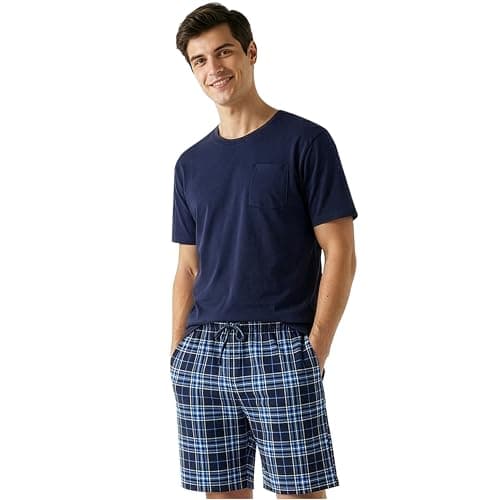 Image of Get Trend Men’s Pyjamas Sets M-5XL, Crew Neck Cotton T-shirts & Shorts Pj Set, Loungewear Tees & Short Bottoms, Soft & Comfy Nightwear (4XL, Navy/White)