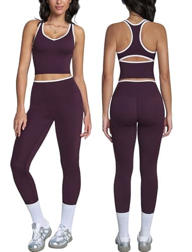 Image of ABOCIW Womens Color Block Workout Sets Racerback Tank Top High Waist Leggings Gym Set Yoga Pilates Outfits, Plum Purple, Medium