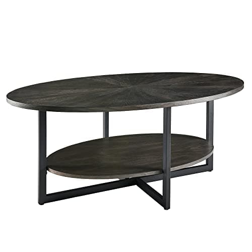 Image of PADMA HOUSE Oval Coffee Table with Cross Metal Legs, Modern Industrail Center Table with Open Shelf Cocktail Tea Table for Living Room Bedroom (Black Brass, 110L * 66W * 45.5H)