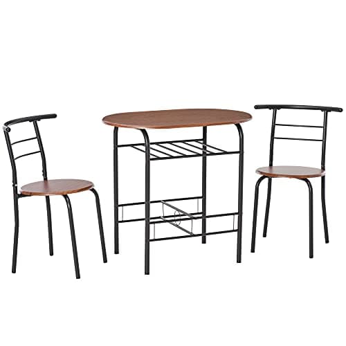Image of HOMCOM Dining Table and Chairs Set 3, Breakfast Bar Table and 2 Chairs with Storage Shelf, Wood-Effect Tabletop, Metal Frame, Dining Room Set for Living Room, Small Space, Natural