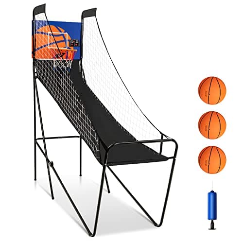 Image of COSTWAY Folding Basketball Arcade Game, Interactive Shooting Game with Electronic Scorer & Buzzer, 3 Basketballs and Pump, Indoor Basketball Hoop Net Stand for Kids Adults