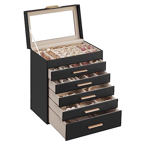 Image of SONGMICS GISELLA Collection - Jewellery Box with Glass Lid, 6-Layer Jewellery Storage Organiser with 5 Drawers, Modern, Gift Idea, Ink Black and Gold Colour, 16.3 x 25.1 x 29 cm JBC171B01