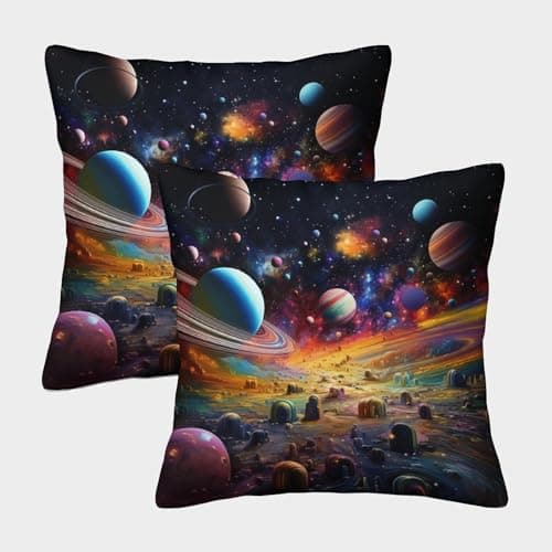 Image of YKSDLFDUI Planet Cushion Cover 2 Pack Decorative Machine Washable Pillowcases Square Pillow Cases with Invisible Zipper Cushion Covers For Livingroom Sofa Bedroom Throw Pillow Cases 45x45cm