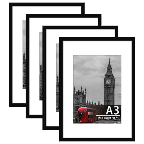 Image of Tinkeps 4 Pack A3 Black Picture Frame, Engineered Wood and Plexiglass, A3 Frame with Mount for A4 Prints, Photos, and Posters, Wall Mountable
