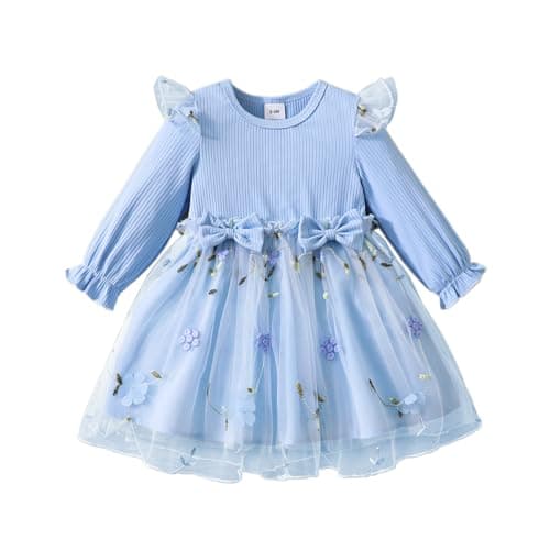 Image of Baby Girl Tutu Dress Summer Kids Floral Tulle Skirt Bowknot Lace Long Sleeve Princess Sundress Light Blue 3-6 Months
