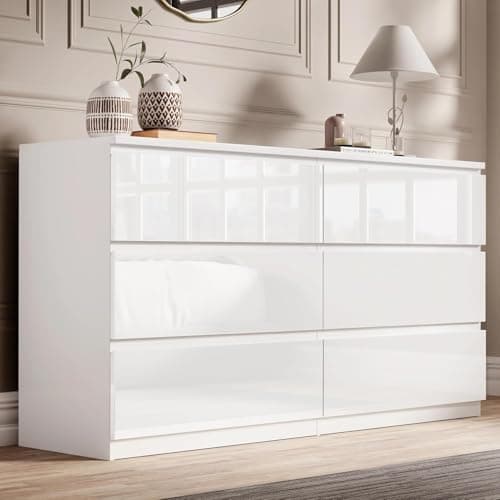 Image of Blisswood White High Gloss Chest of Drawers 6 Drawer Bedroom Storage Cabinet with Metal Runners, Chest for Clothes Storage, Modern Living Room Hallway Nursery Office Furniture, 40D x 120W x 77H CM