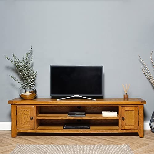 Image of Elm home and garden Oak 2 Door Extra Large Wide Screen Tv Video Unit Fully Assembled 50 cm high x 180 cm Wide x 37 cm Deep