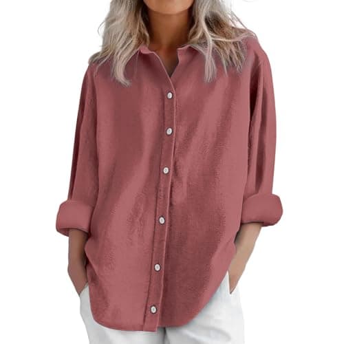 Image of YIzdegg Muslin Blouse Women's Elegant Plain Long Blouse Summer V-Neck Tops Button-Down Shirt Light and Airy Linen Blouse Soft Skin Friendly Linen Blouses for Workwear, hot pink, 3XL