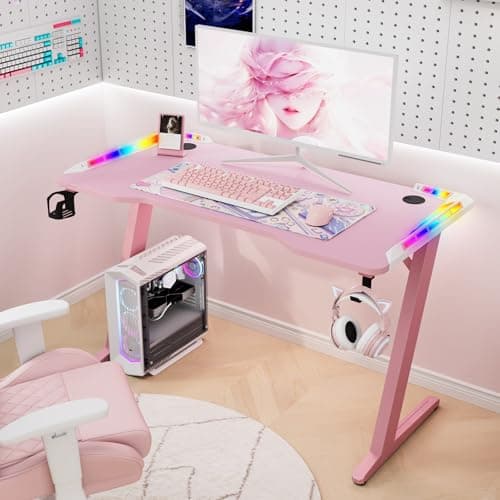 Image of Hironpal Pink Gaming Desk with LED Lights, Computer Desk Workstation for Home Office Desk, PC Study Desk with Cup Holder and headphone Hook for Laptop Home Office