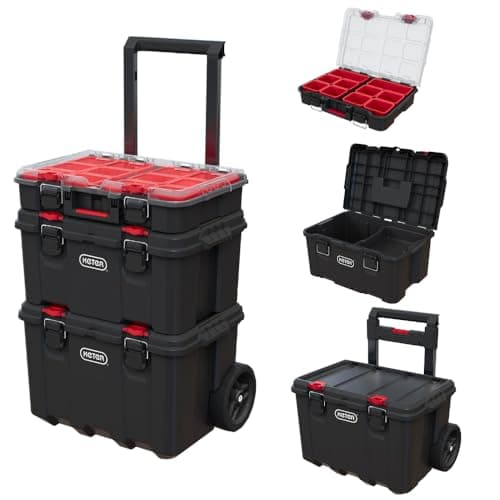 Image of Keter Stack-n-Roll Modular Tools Organizer for Garage Storage and DIY, 3 Piece Resin Rolling Tool Box System for Small Parts, Black