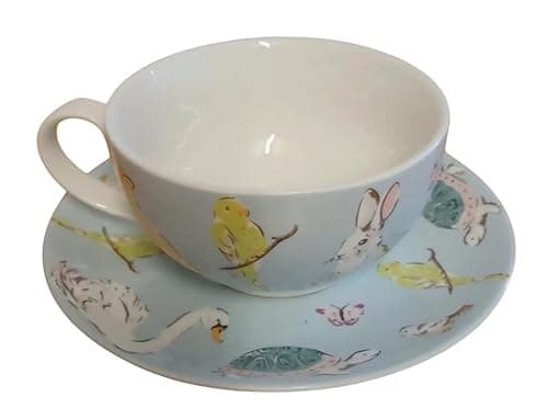 Image of Cath Kidston Park Wildlife Pale Blue Cup and Saucer (Swan, Bunny, Tortoise)